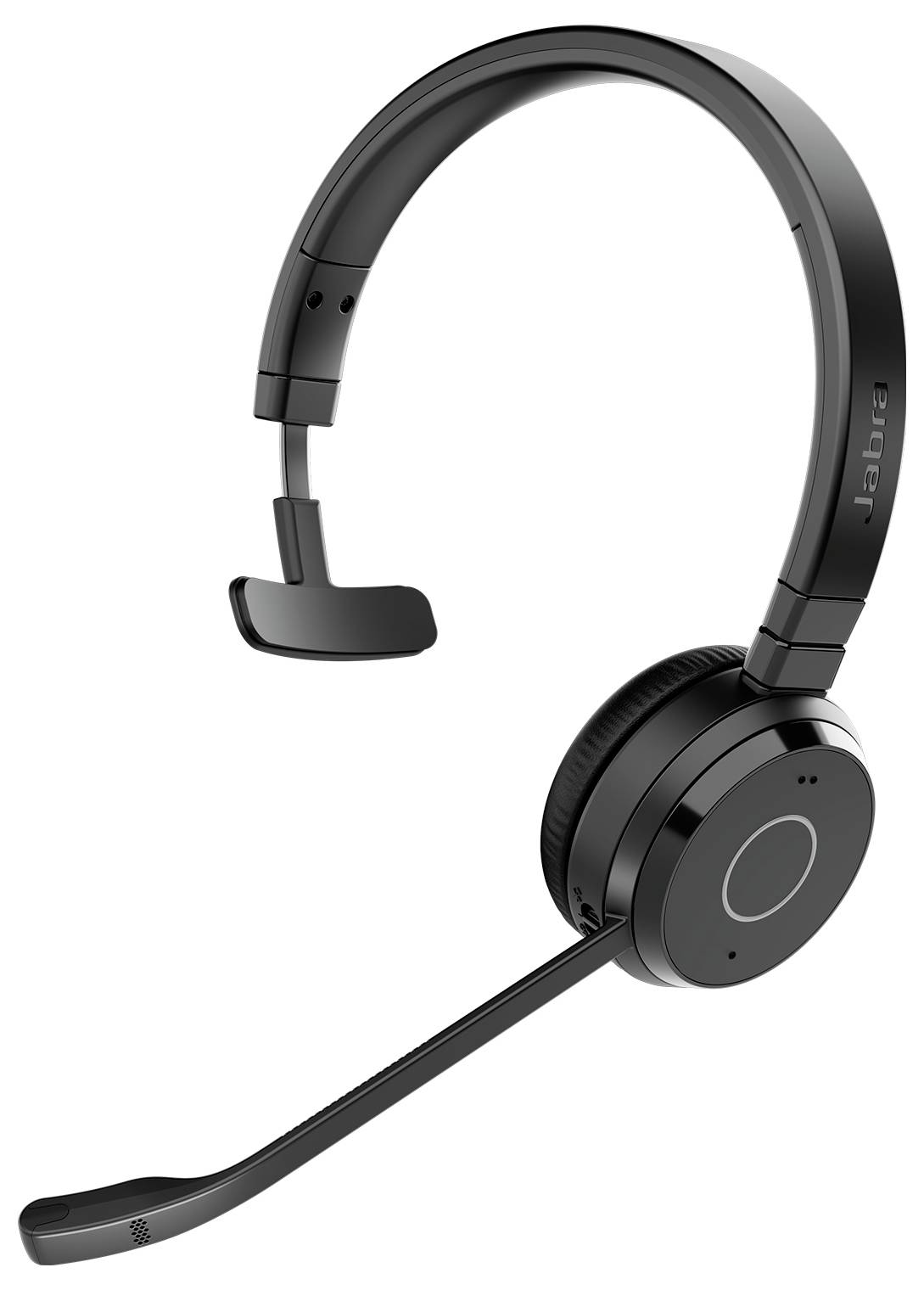 Ein schwarzes drahtloses Headset mit Mikrofonausleger, ausgestattet mit gepolsterten Ohrmuscheln und einem Kopfbügel.
