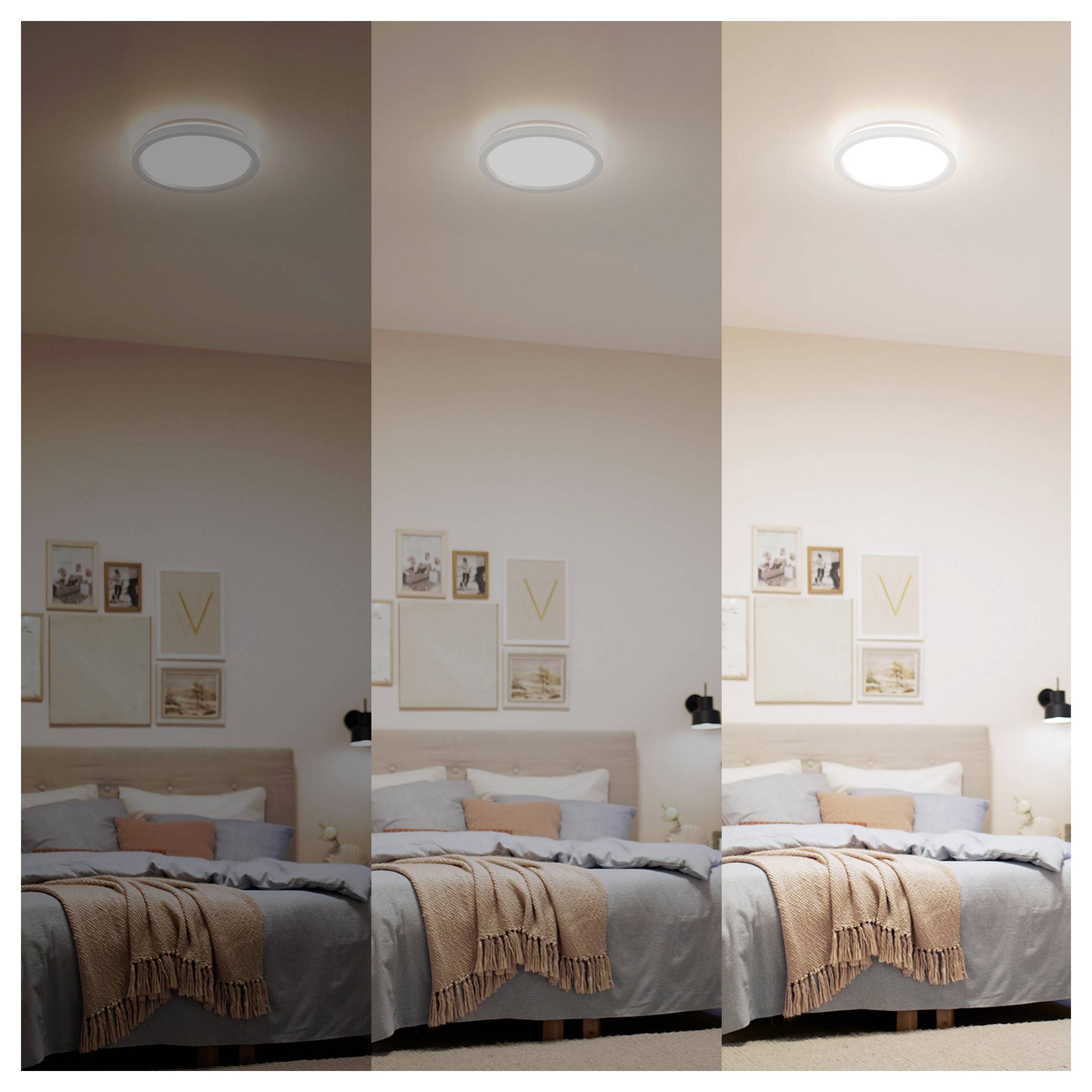 Ein Schlafzimmer mit einem Bett, mehreren Kunstwerken an der Wand und einer Deckenleuchte, die in drei verschiedenen Helligkeitsstufen dargestellt wird.