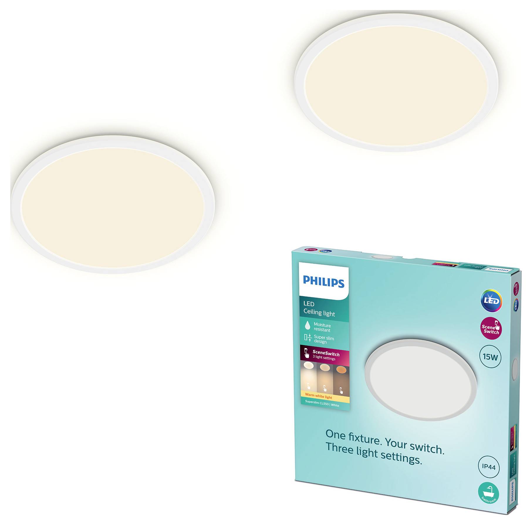 Zwei runde LED-Deckenleuchten neben einer Philips-Verpackungsbox, die einstellbare Lichteinstellungen und einen Energieverbrauch von 15W hervorheben.