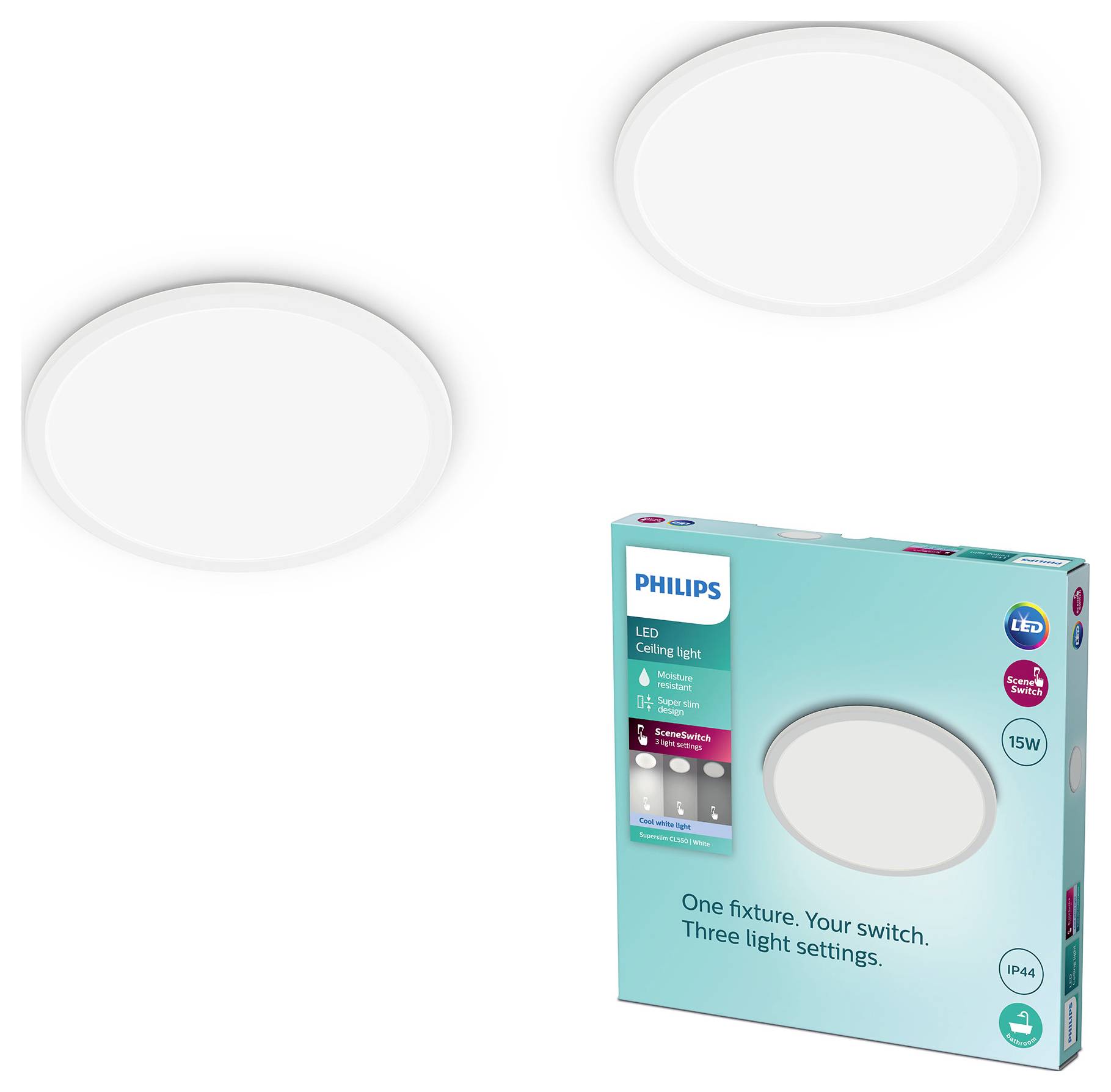 Eine Philips LED-Deckenleuchte zeigt 'Eine Leuchte, Ihr Schalter. Drei Lichteinstellungen' mit einem Bild der runden Leuchte.
