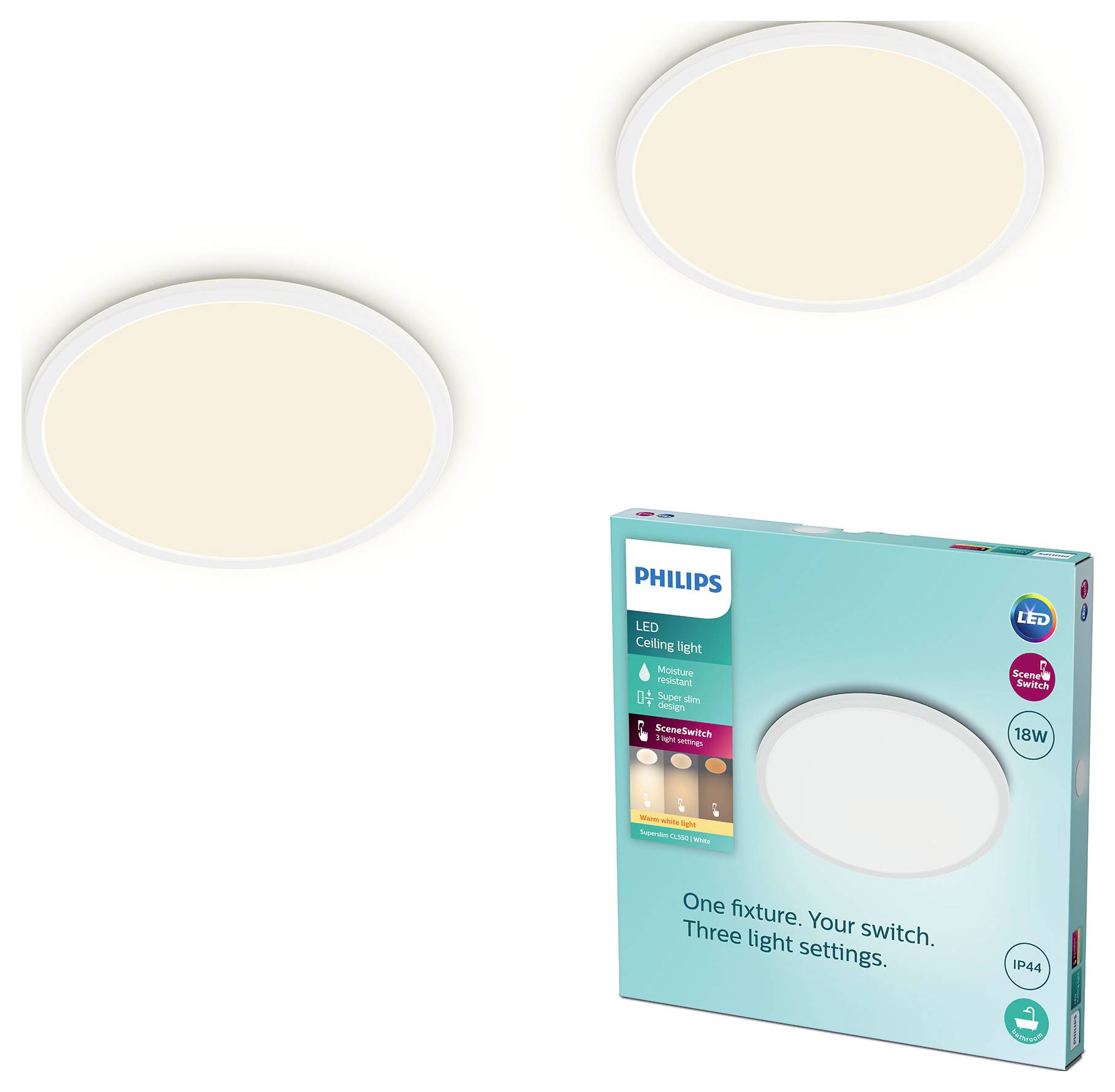 Zwei runde, flache LED-Deckenleuchten werden mit einer Produktverpackung präsentiert. Die Verpackung hebt die Marke, eine Leistung von 18 W und Funktionen wie drei Lichteinstellungen hervor.