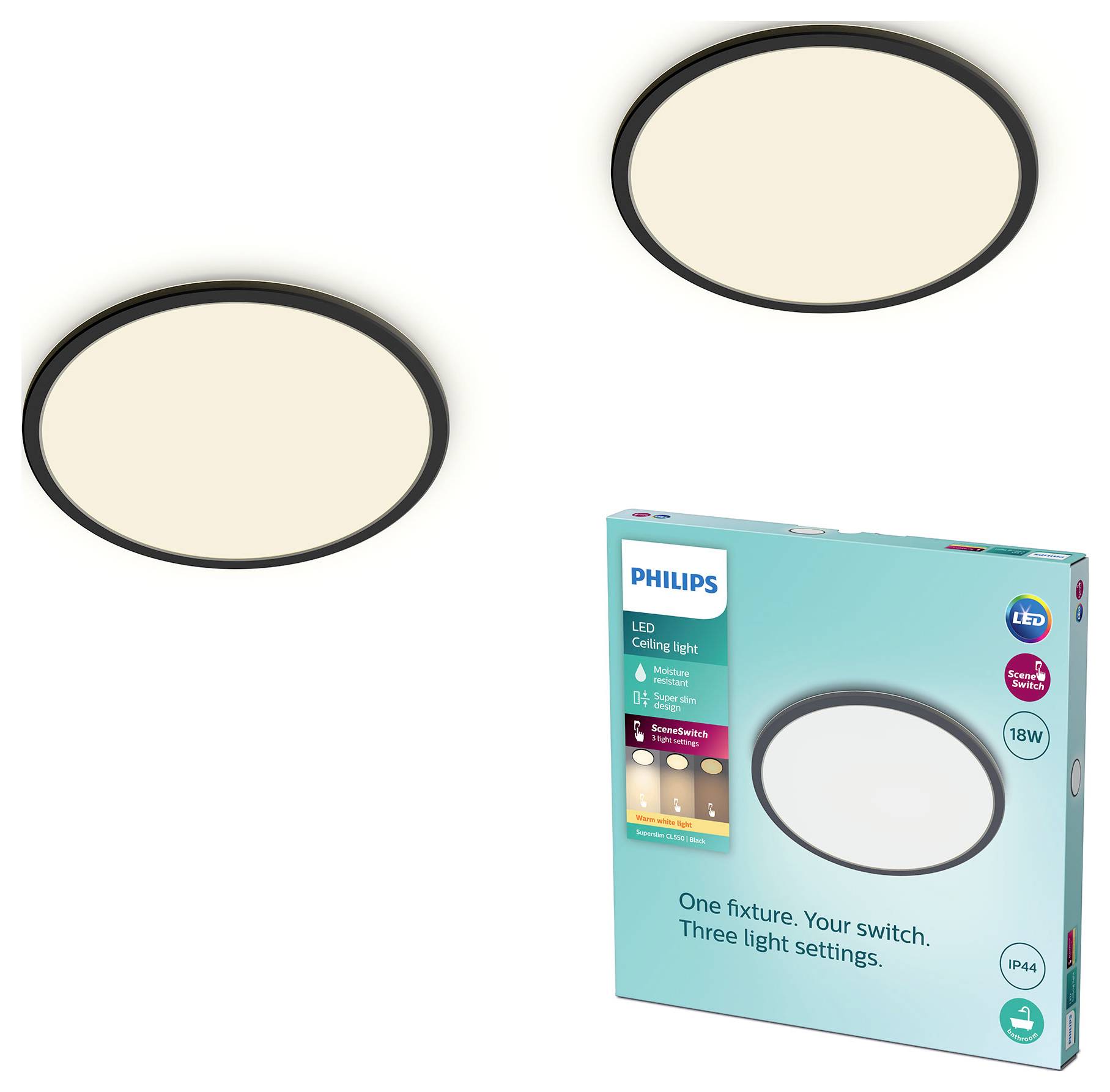 Zwei runde Philips LED-Deckenleuchten mit Verpackung gezeigt. Die Schachtel hebt Merkmale hervor: dimmbare Einstellungen, 18 W Leistung, IP44-Schutzklasse.