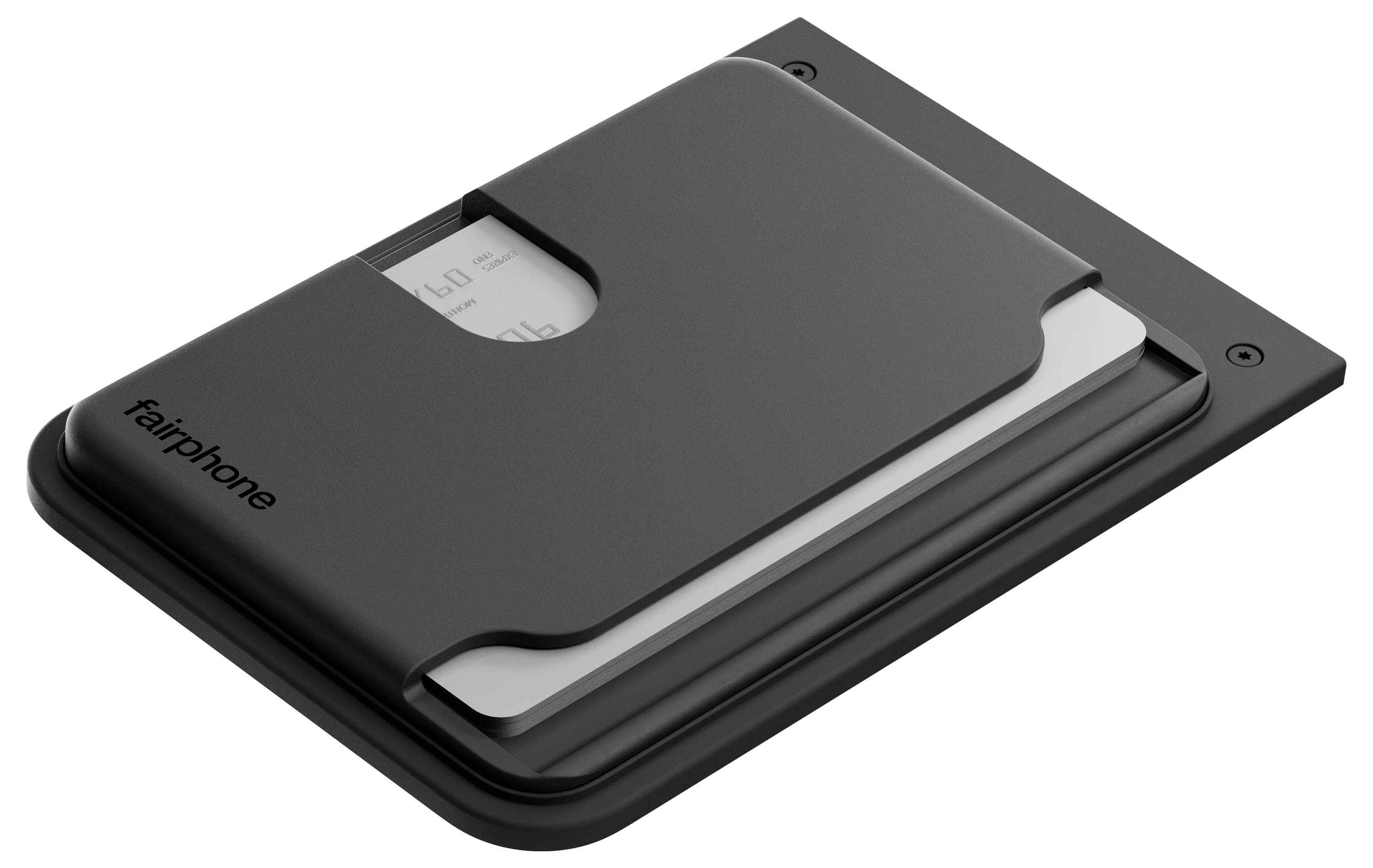 Eine schwarze "Fairphone"-Hülle, mit einer teilweise eingeklemmten Karte enthüllt, repräsentiert eine modulare Smartphone-Komponente.