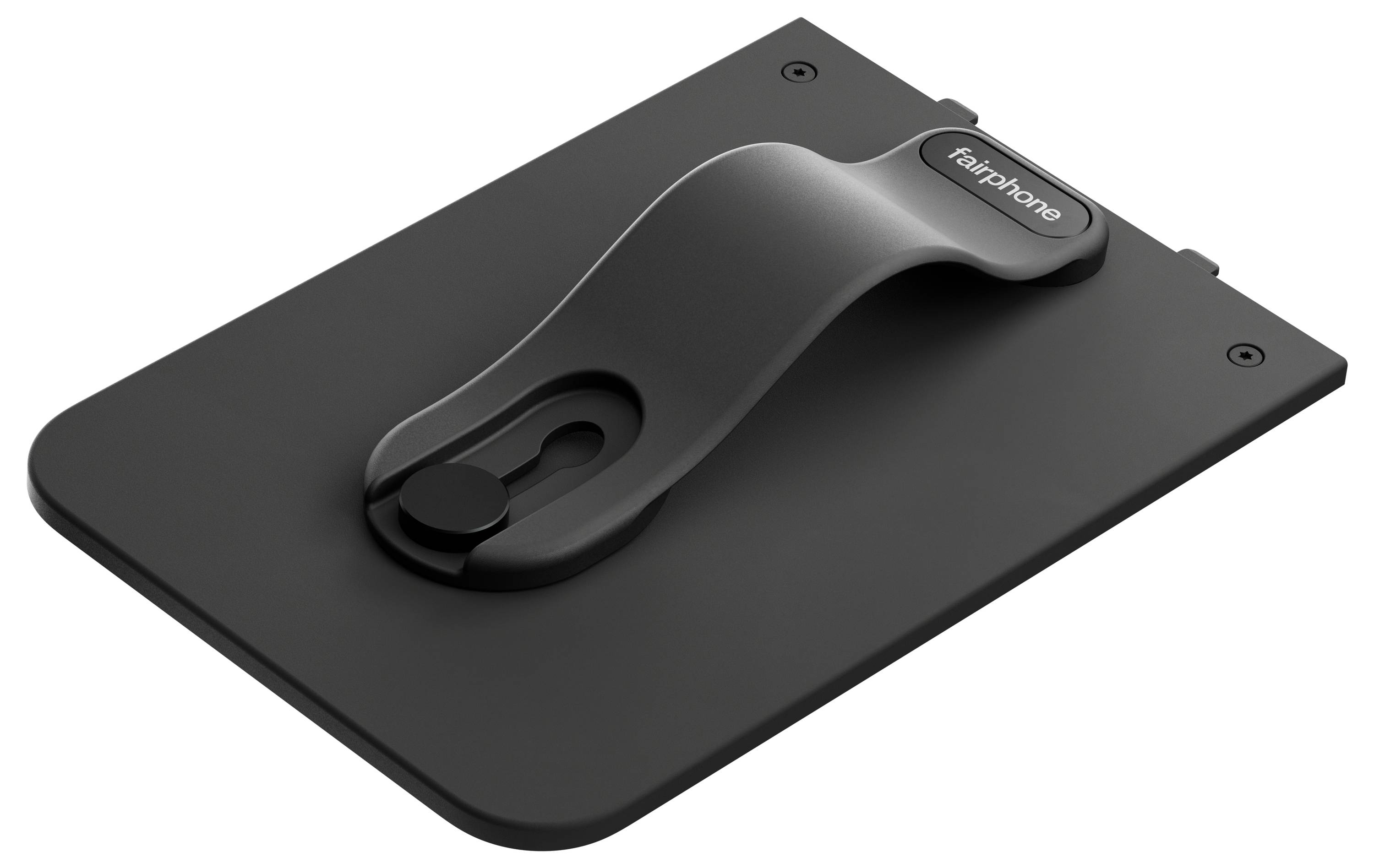 'Fairphone' Rückseite mit gekrümmter Kickstand-Funktion auf einem schwarzen Panel, entwickelt für Telefonunterstützung und Stabilität.