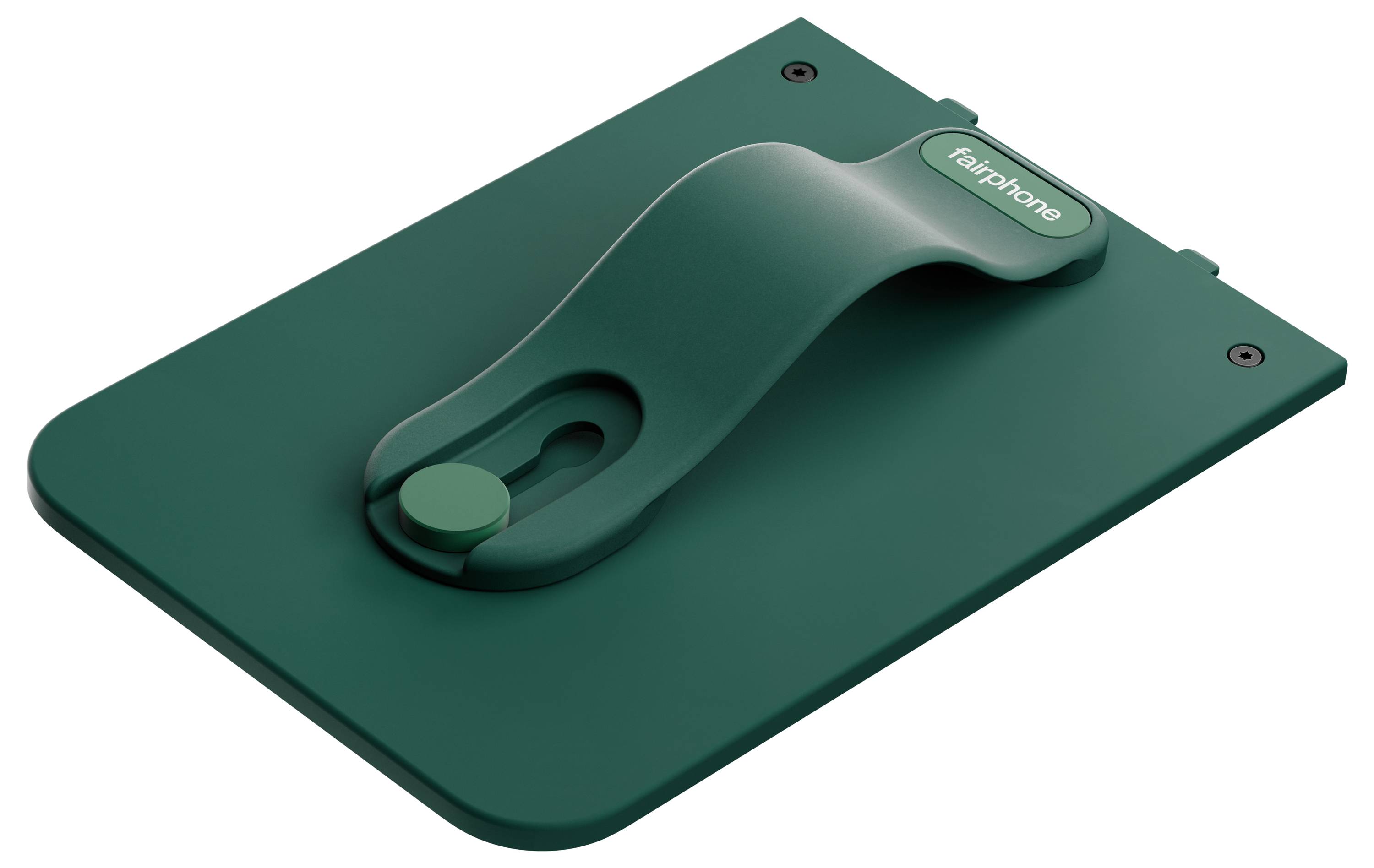 Eine grüne Handyhülle mit integrierter Ständerfunktion und der Bezeichnung "Fairphone". Geeignet, um das Telefon auf ebenen Oberflächen aufrecht zu stellen.