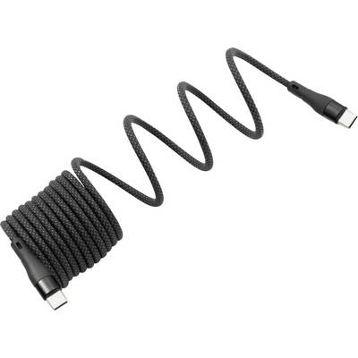 Ein schwarzes, aufgewickeltes USB-C-Ladekabel mit Metallsteckern an beiden Enden, das in einem Zickzackmuster liegt.