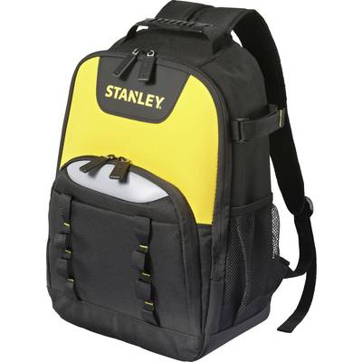 Ein schwarzer und gelber Rucksack der Marke 'STANLEY' auf der Vorderseite, ausgestattet mit mehreren Fächern, seitlichen Meshpockets und verstellbaren Trägern.