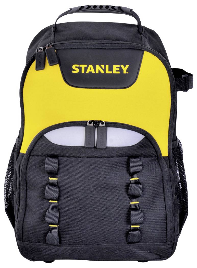 Ein schwarzer und gelber Rucksack mit dem Logo 'STANLEY' auf der Vorderseite. Das Design umfasst mehrere Fächer und seitliche Netztaschen.