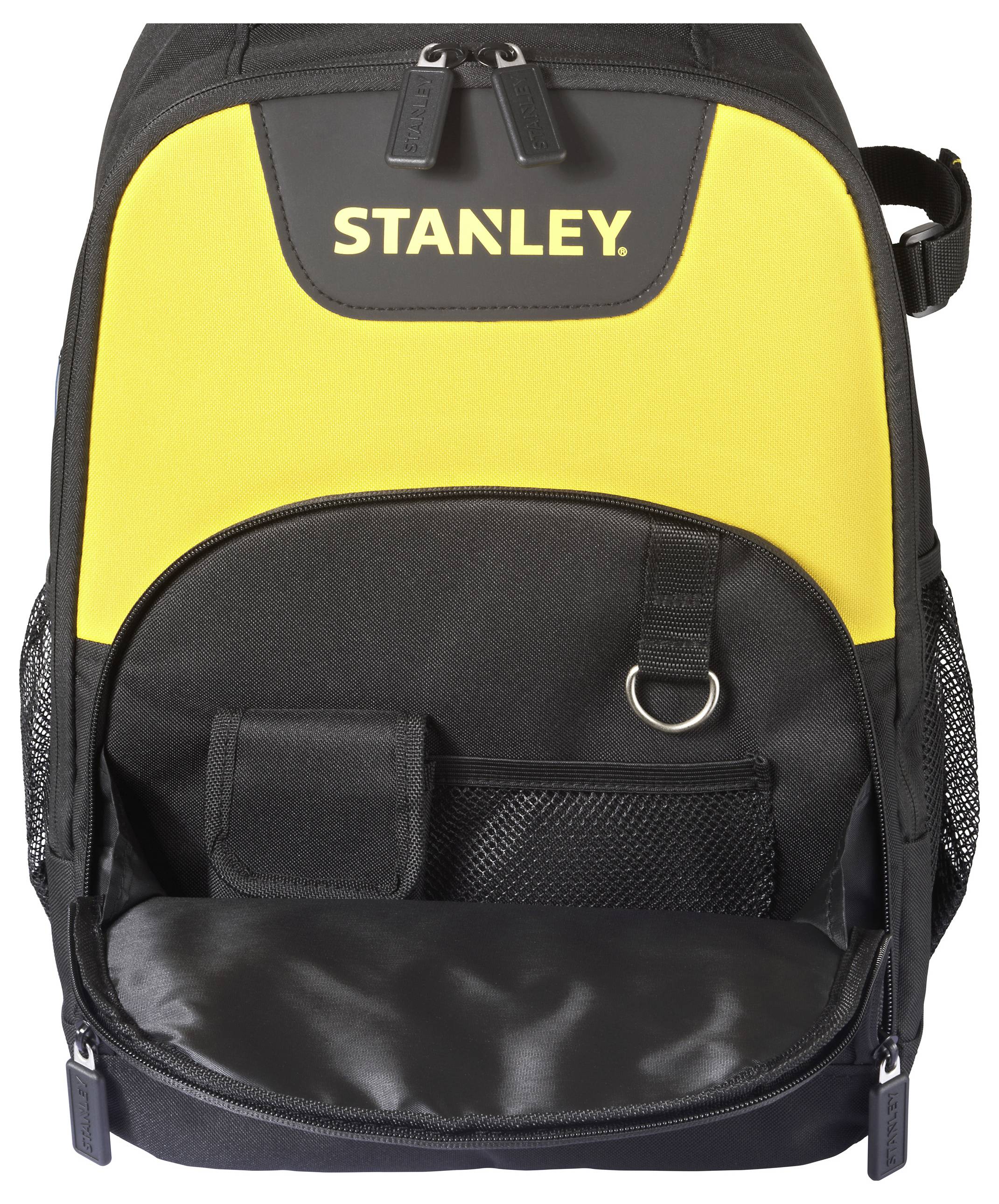 Ein schwarzer und gelber Rucksack mit dem 'Stanley' Logo, ausgestattet mit mehreren Taschen und einer Netzseite, speziell für Werkzeugaufbewahrung konzipiert.