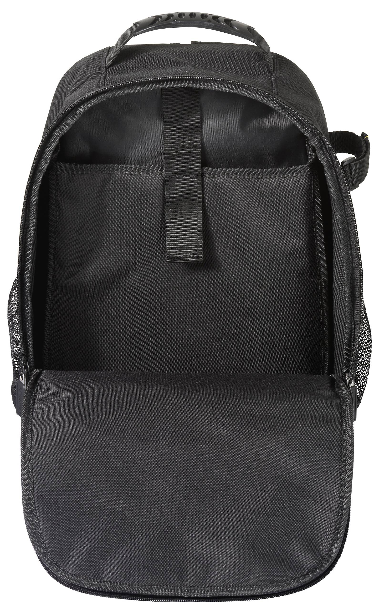 Ein offener schwarzer Rucksack mit einem geräumigen Hauptfach und seitlichen Netztaschen, von vorne betrachtet.