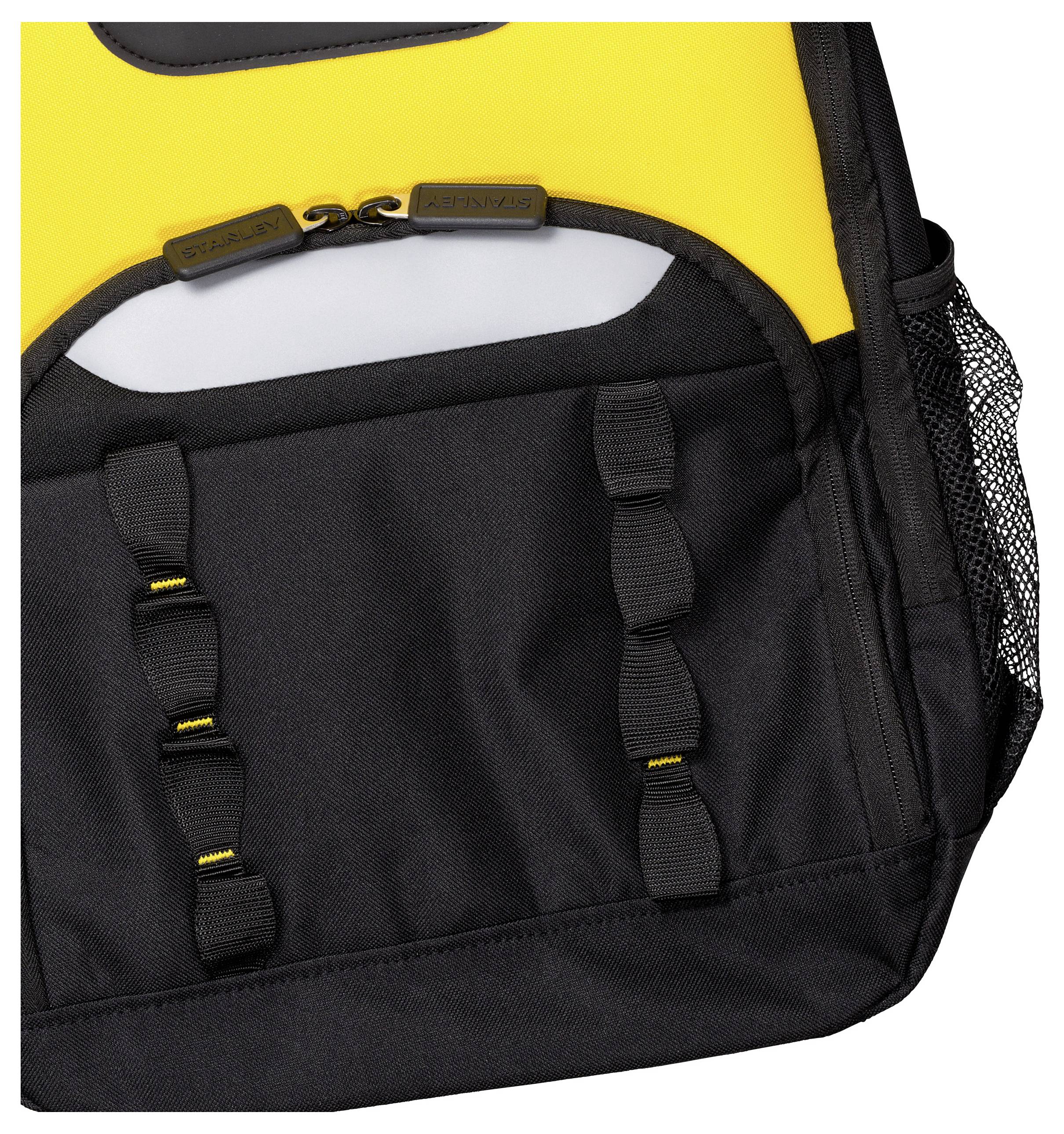 Ein Abschnitt eines schwarzen und gelben Rucksacks mit einer Reißverschlusstasche mit zwei Reißverschlusspullern, vier vertikalen Schlaufen und einer seitlichen Netzpocke.