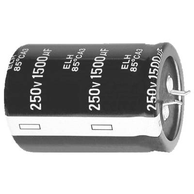 Ein zylindrischer schwarzer Kondensator mit der Beschriftung '250V 1500μF ELH 85°C' mit zwei Metallanschlüssen, die von einem Ende abstehen.