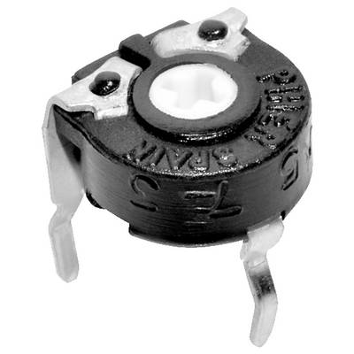 Ein kleiner, einstufiger Trimmer-Potentiometer mit drei Metallbeinen und einem verstellbaren weißen Drehknopf, der zum Abstimmen elektronischer Schaltkreise verwendet wird.