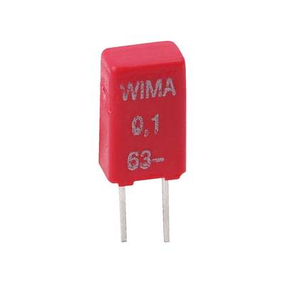 Eine rote rechteckige elektronische Komponente mit zwei Metallanschlüssen, gekennzeichnet mit 'WIMA 0.1 63-'.