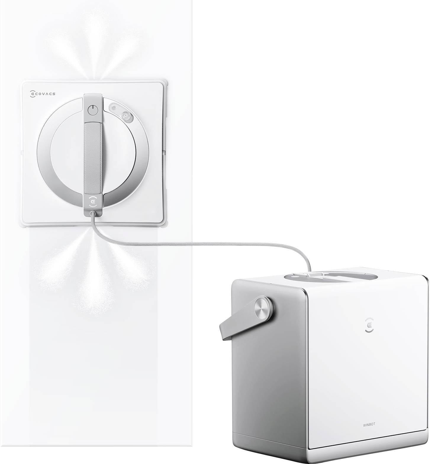 Ein intelligenter robotischer Fensterreiniger, der an einer vertikalen Glasfläche befestigt ist und über ein Kabel mit seiner Basiseinheit verbunden ist.