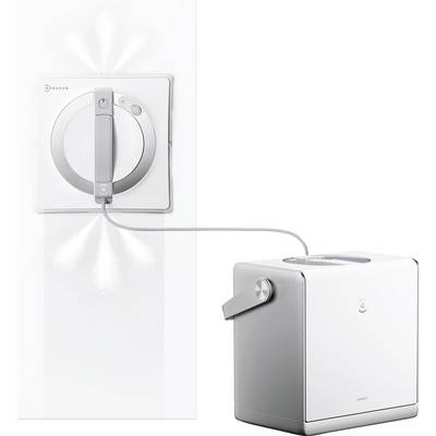Ein intelligenter robotischer Fensterreiniger, der an einer vertikalen Glasfläche befestigt ist und über ein Kabel mit seiner Basiseinheit verbunden ist.