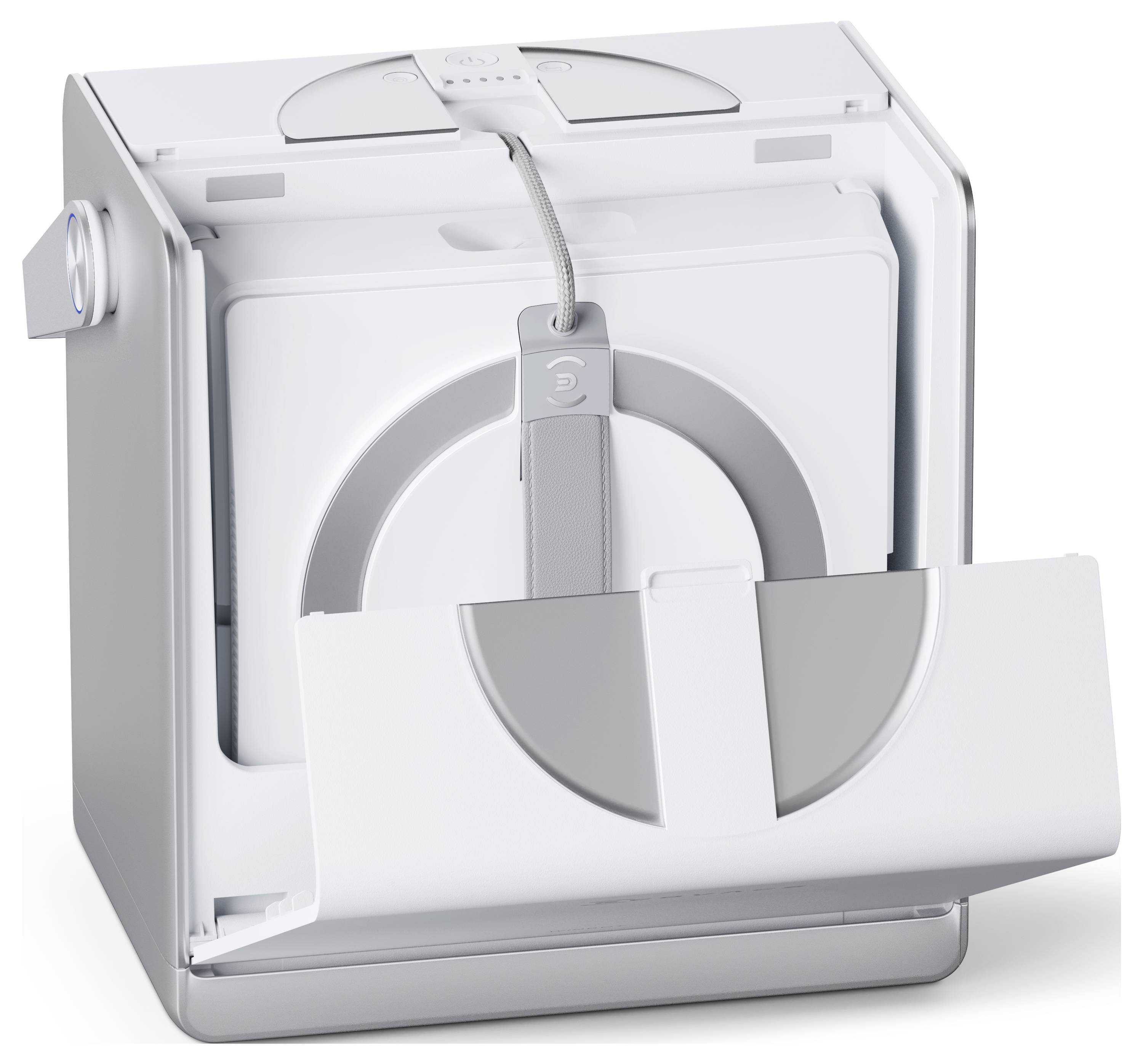 Automatischer Gesichtsmasken-Spender mit offener Abdeckung, der den Innenraum und eine teilweise ausgegebene Maske zeigt, in einem eleganten weißen Design.