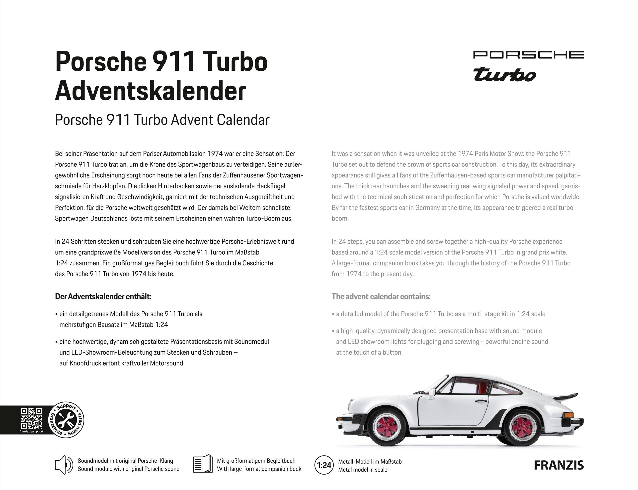 'Porsche 911 Turbo Adventskalender' Verpackung mit einem Modellauto-Foto, beschreibendem Text und Markierungsdetails auf der Vorderseite.