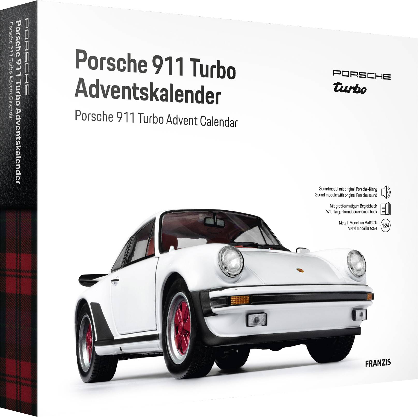 "Porsche 911 Turbo Adventskalender" zeigt ein Modellauto auf dem Cover. Schwarzer Text auf weißem Hintergrund mit roten Akzenten.