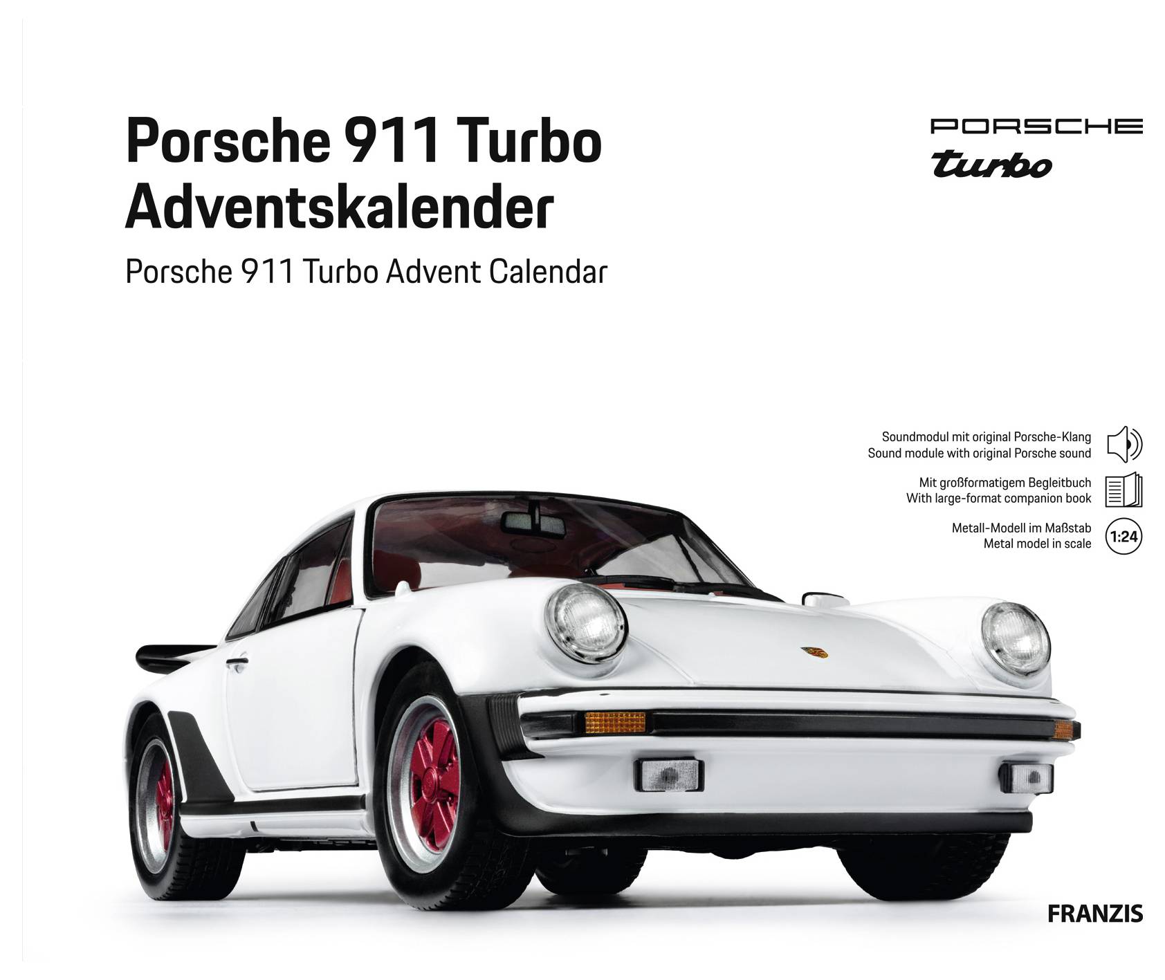 Porsche 911 Turbo Adventskalender mit Modellauto, Soundmodul und Begleitbuch. Enthält Komponenten zum Zusammenbau eines Nachbildmodells.