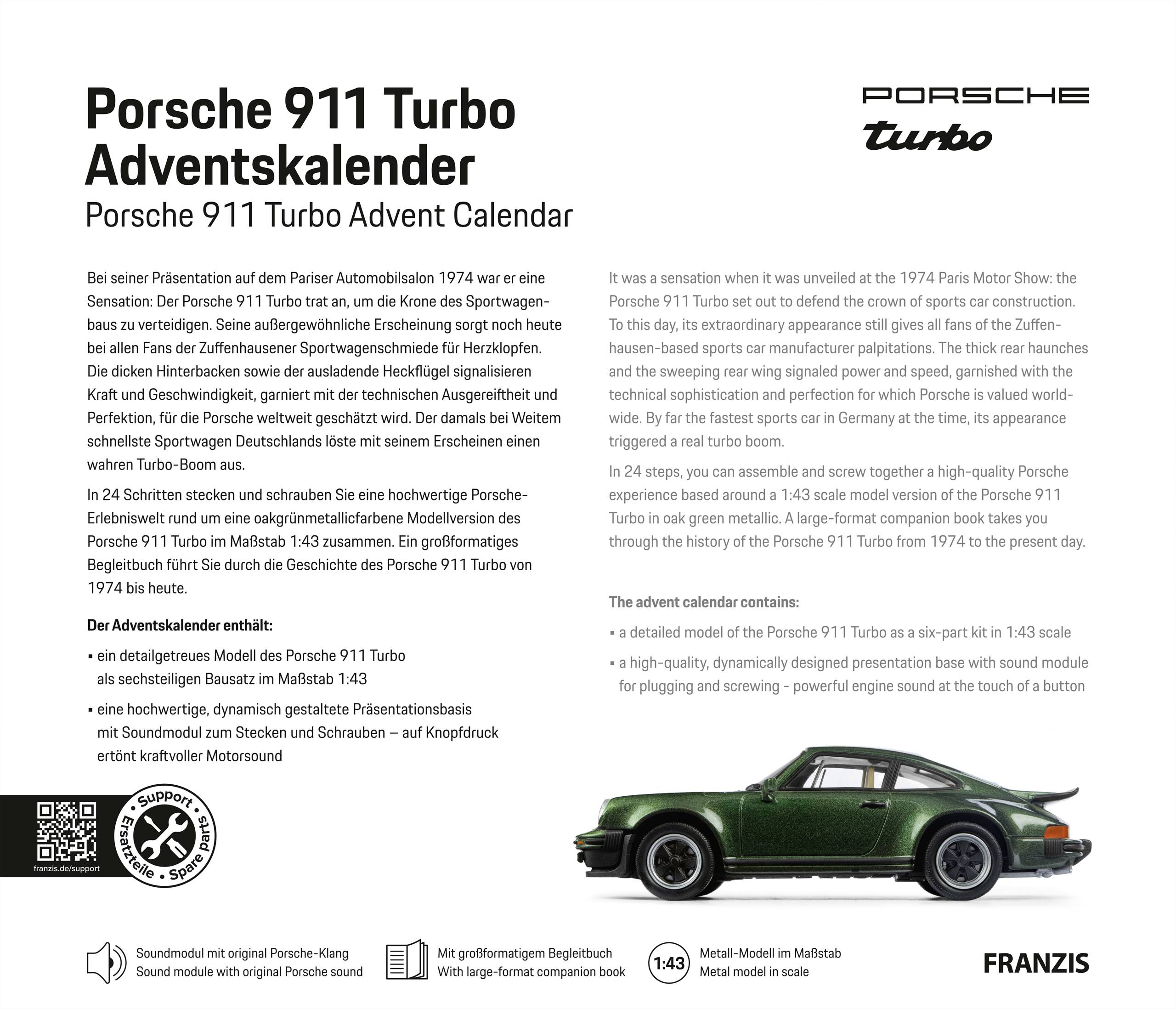 "Porsche 911 Turbo Adventskalender" zeigt ein grünes Porsche 911-Modell mit Produktbeschreibung, einschließlich Montageeigenschaften und Kalenderinhalten.