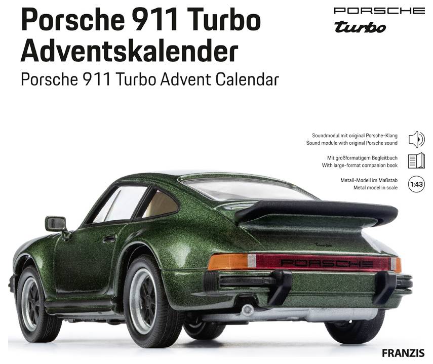 Cover-Bild des 'Porsche 911 Turbo Adventskalenders' zeigt ein grünes Modellauto im Maßstab 1:43 mit einer Beschreibung seiner Merkmale und Porsche-Branding.