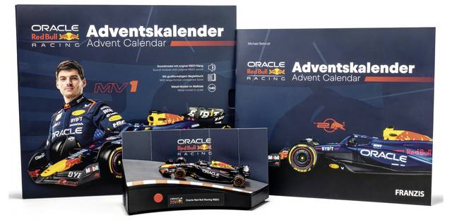 Das Bild zeigt den Oracle Red Bull F1 Adventskalender, der den Rennwagen RB19 beinhaltet, mit dem Max Verstappen unglaubliche Siege erringen konnte.