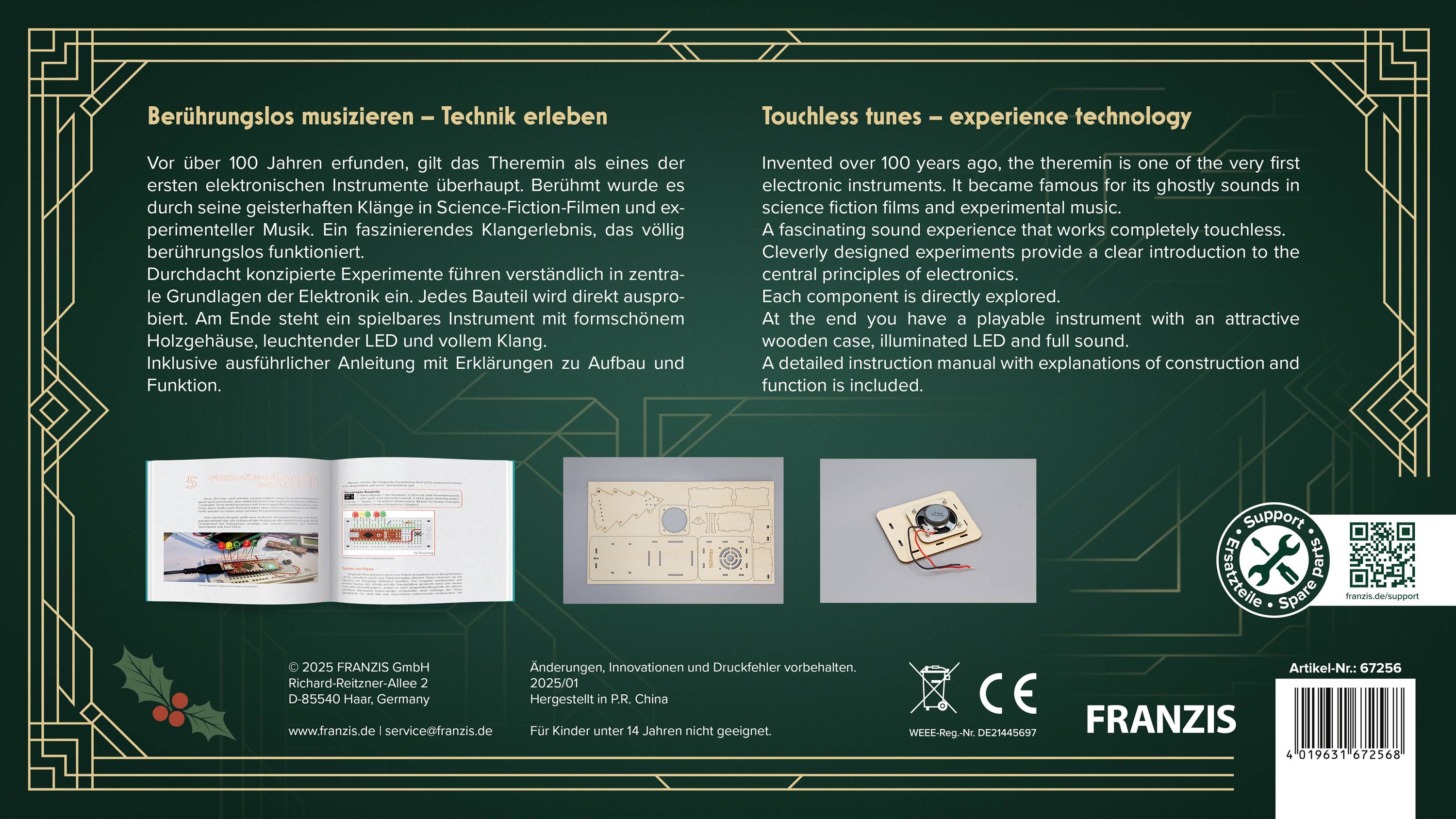 "Berührungslose Töne – Technologie erleben" Paket enthält einen Theremin-Bausatz zum Konstruieren und Spielen. Enthält historische Einblicke und Anleitungen in Deutsch und Englisch.