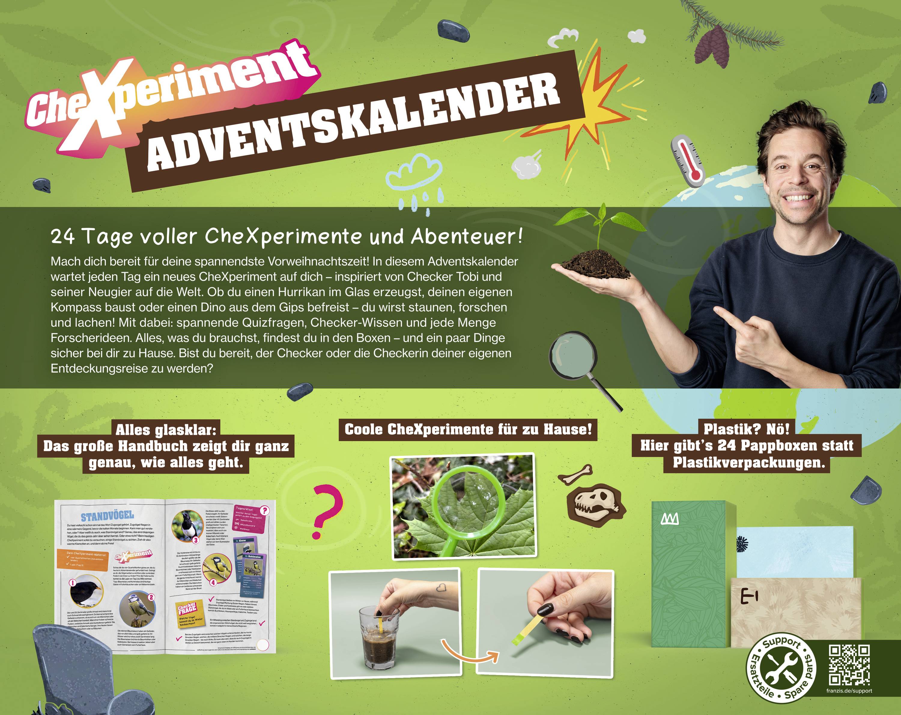 "CheXperiment Adventskalender" Poster mit 24 Tagen voller Experimente und Abenteuer, mit einer lächelnden Person, die einen kleinen Gegenstand hält, verschiedenen illustrierten Projekten und Recycling-Tipps.