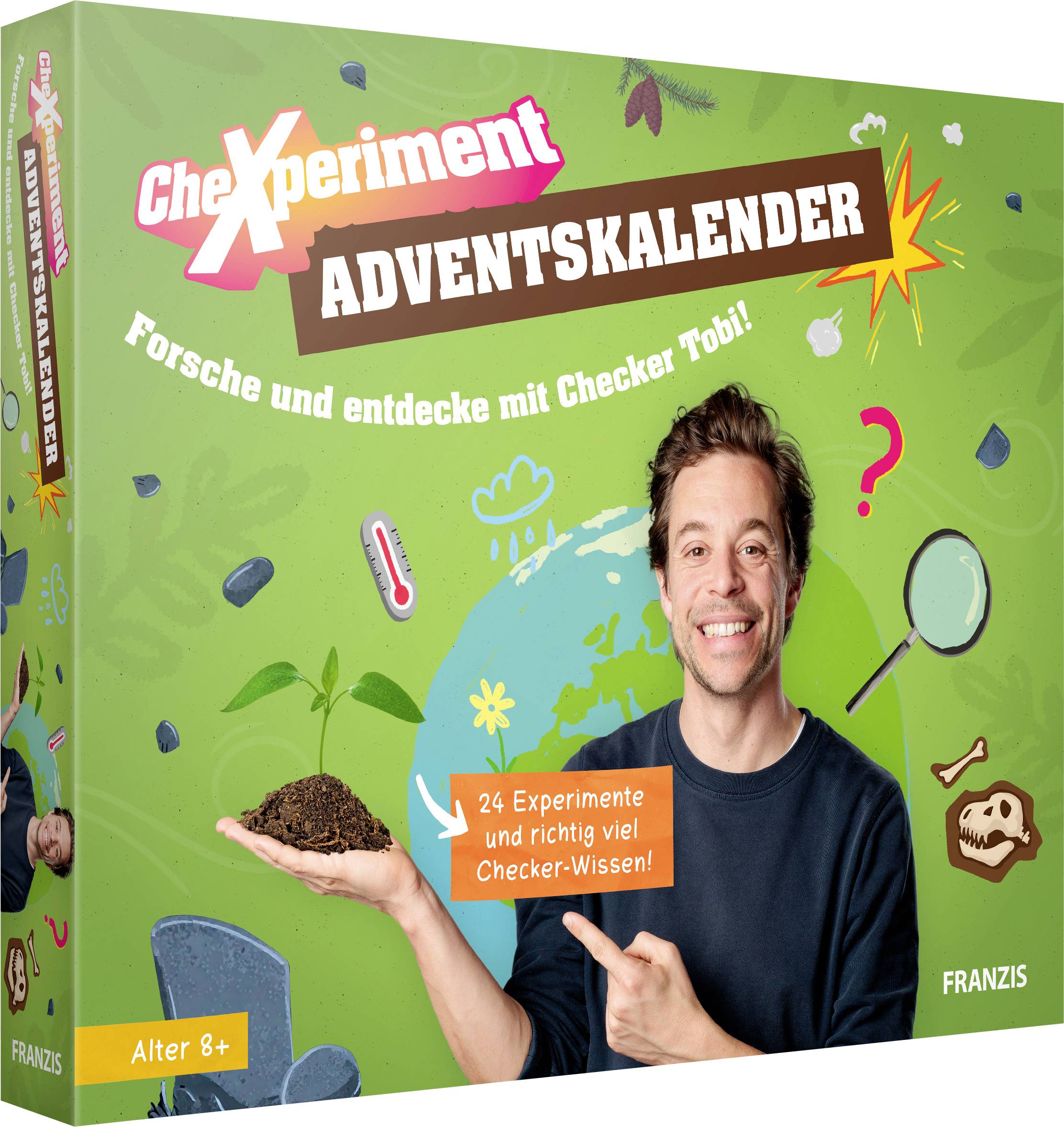 Eine Person lächelt, während sie Erde und einen Sprössling hält. Die Box trägt die Aufschrift ‚CheXperiment Adventskalender' mit ‚24 Experimente und richtig viel Checker-Wissen!'. Geeignet für Kinder ab 8 Jahren.