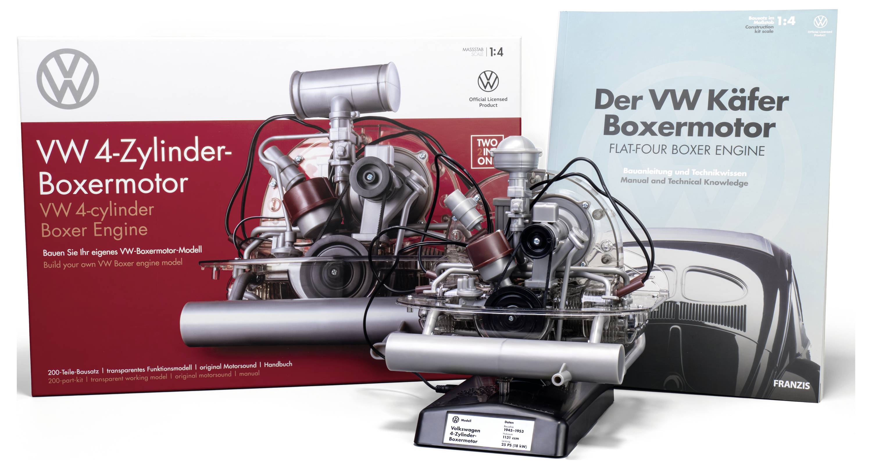 VW 4-Zylinder Boxermotor Modellbausatz neben einem aufbaubaren Motormodell. Modell bietet realistische Details für Bildungszwecke.