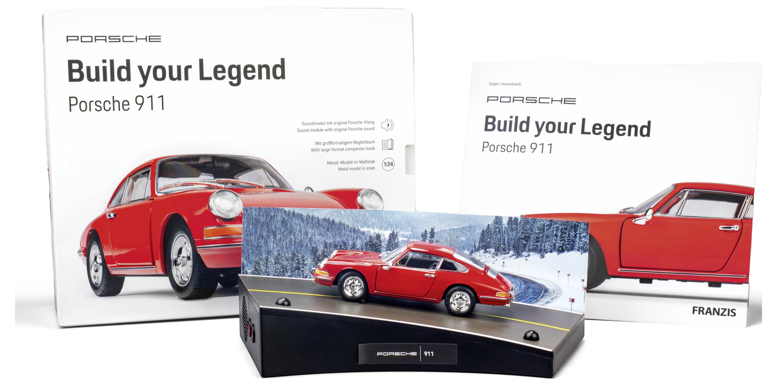 Modellbausatz eines roten Porsche 911, Verpackung zeigt 'Build your Legend'. Hintergrund zeigt ein fertiges Modell auf einer malerischen Straße.