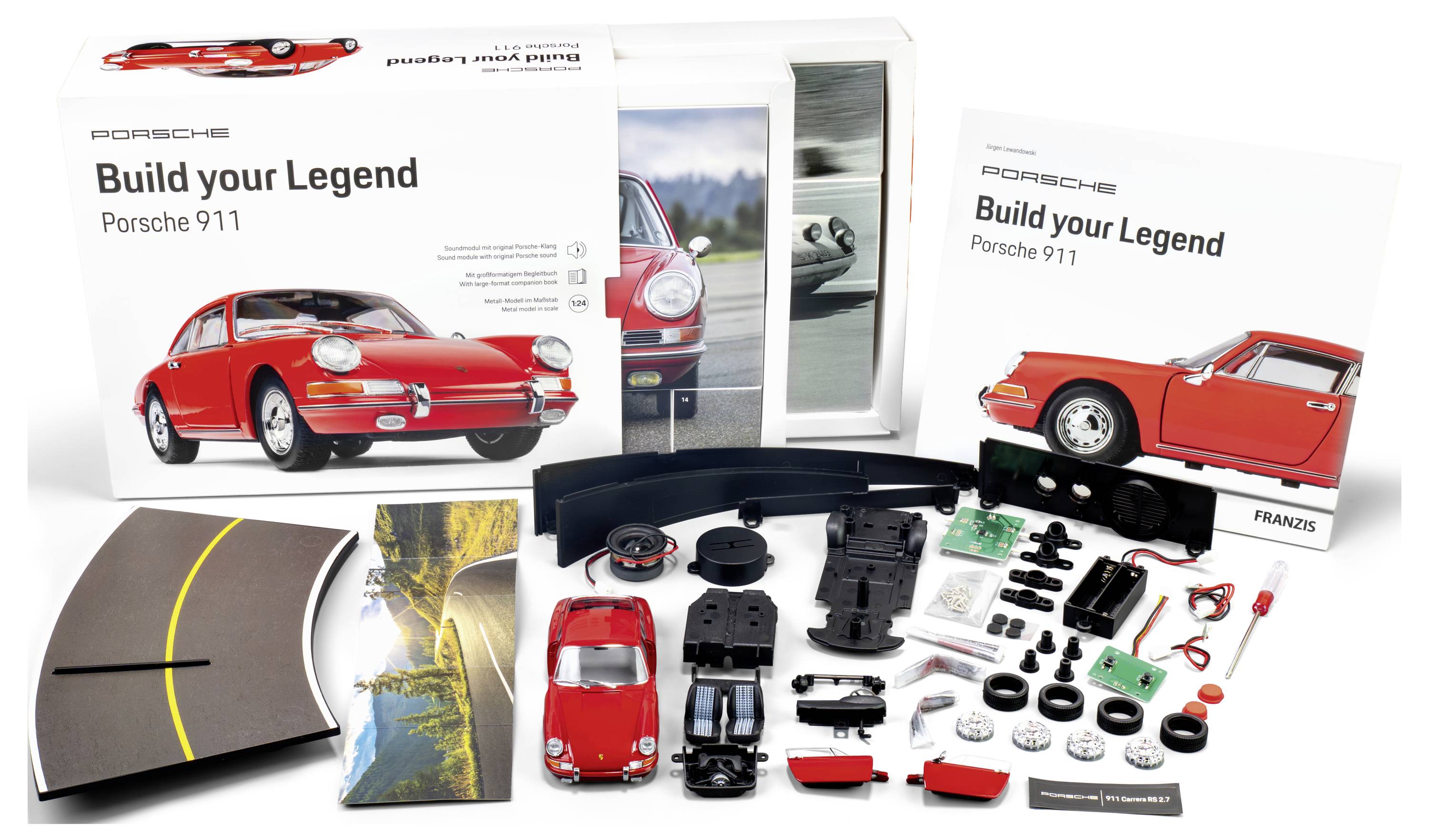 Modell-Bausatz für einen 'Porsche 911' mit Montage-Teilen und Anleitungsheft mit dem Titel 'Baue deine Legende'.