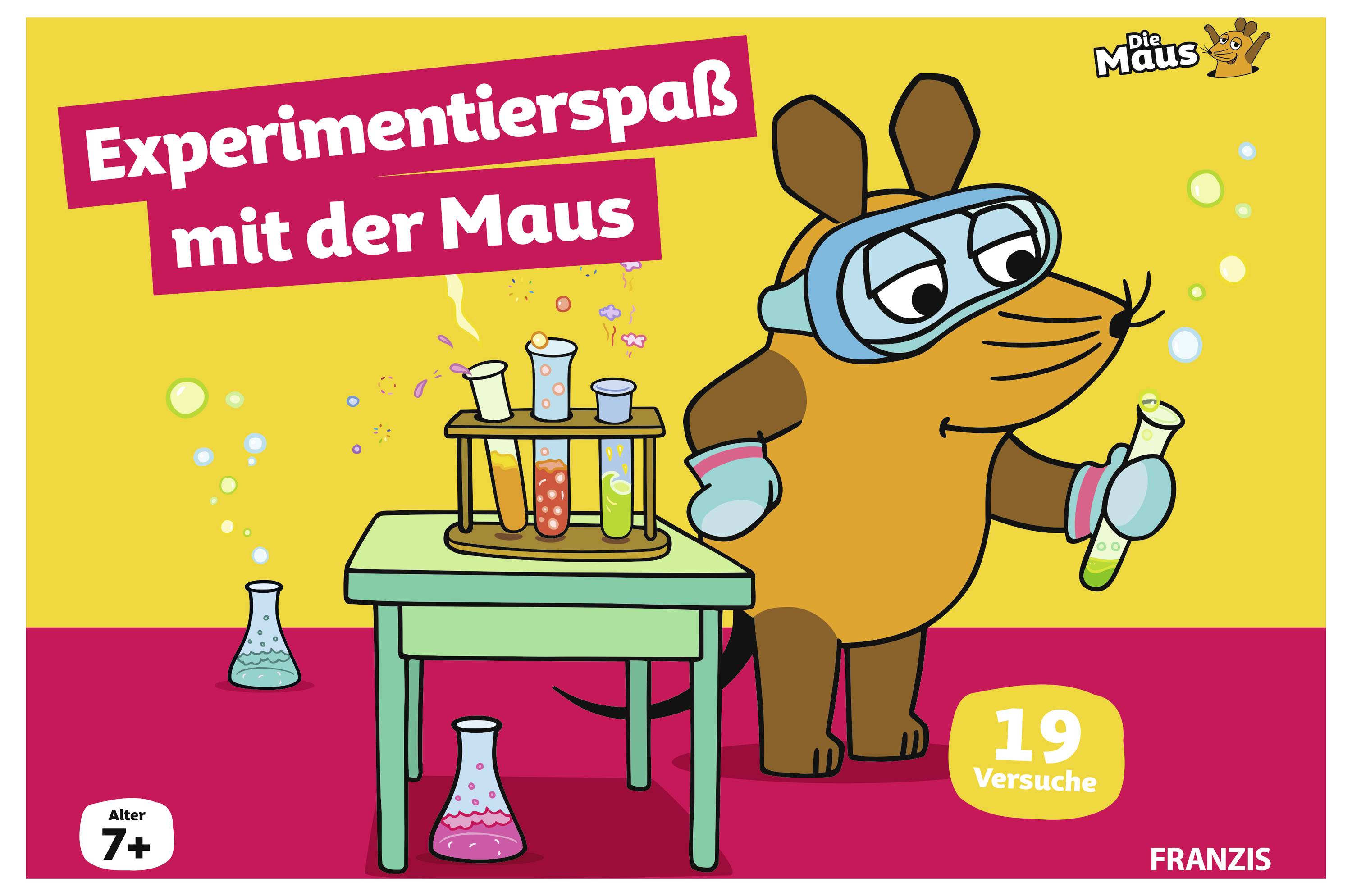 Eine Cartoon-Maus mit Schutzbrille steht neben einem Tisch mit Reagenzgläsern und deutet auf ein Wissenschaftsexperiment für Kinder ab 7 Jahren hin.