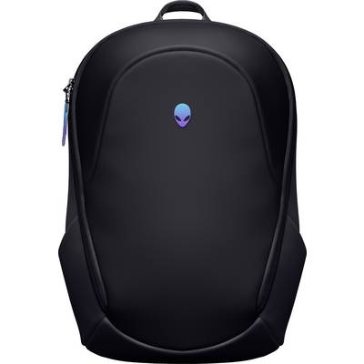 Ein schlanker schwarzer Rucksack mit einem Alien-Logo in der Mitte, ausgestattet mit geschwungenen Seiten und einer Reißverschlusstasche auf der linken Seite.