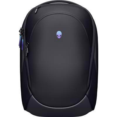 Ein schlanker schwarzer Rucksack mit minimalistischem Design und einem kleinen Alien-Logo nahe der oberen Mitte. Geeignet zum Tragen von Laptops und Zubehör.