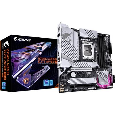 'AORUS B760M Elite WiFi6E' Mainboard mit Verpackung. Bietet fortschrittliche Kühlung, WiFi 6E und verbesserte Gaming-Unterstützung.