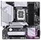 Mainboard mit Intel-Sockel, RAM-Steckplätzen, PCIe-Steckplätzen und Kühlkörpern, in einem schwarz-silbernen Design mit rosa Beleuchtungsakzent.
