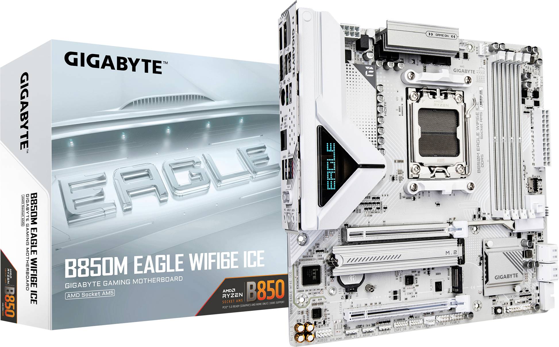 'GIGABYTE B850M EAGLE WIFI6E ICE' Mainboard und Verpackung präsentiert. Bietet fortschrittliche Kühlungs- und Konnektivitätsoptionen für Gaming.