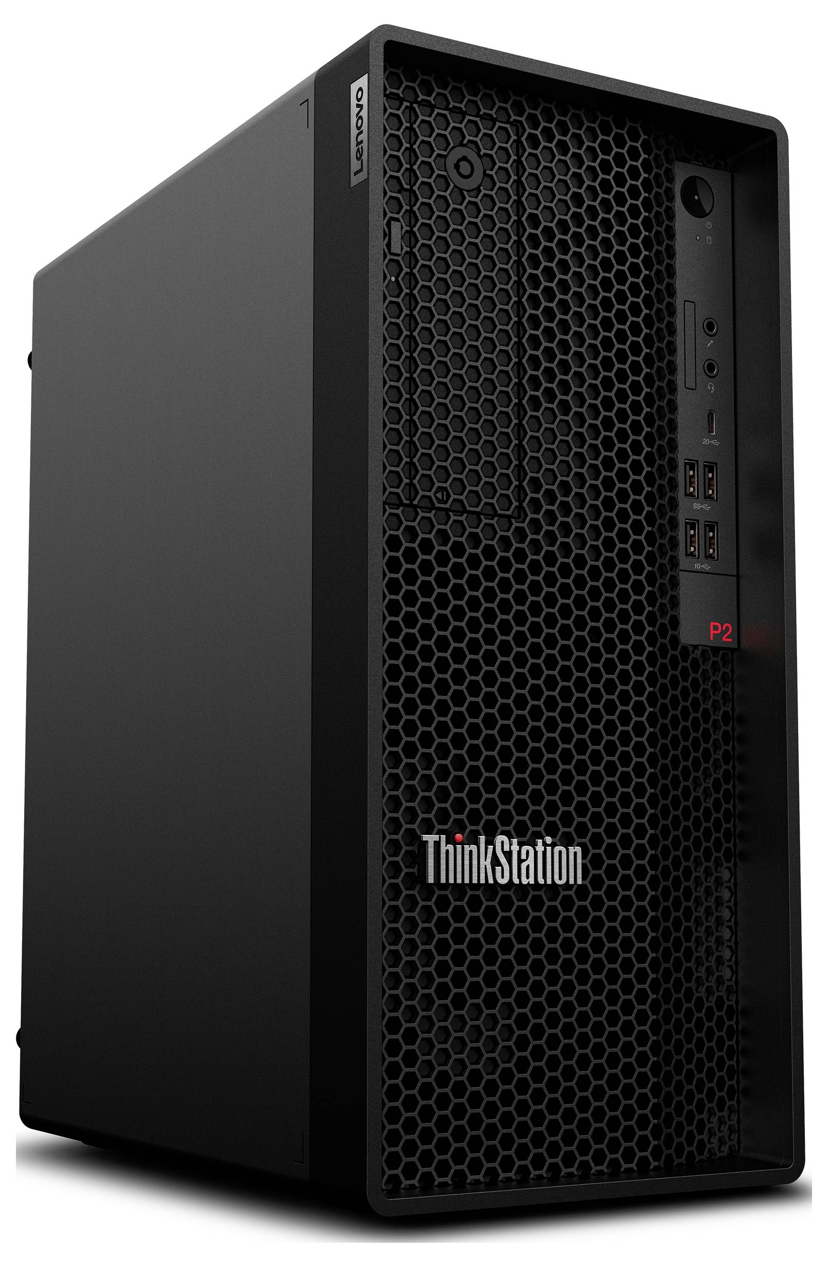 Ein schwarzer Lenovo ThinkStation P620 Desktop-Tower mit einer Wabenwabenfrontplatte, ausgestattet mit USB-Anschlüssen und Einschaltknopf oben rechts.
