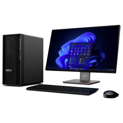 Eine Desktop-Computereinrichtung mit einem großen Monitor, der eine blau-thematische Betriebssystemoberfläche anzeigt, begleitet von einer Tastatur und einer Maus.