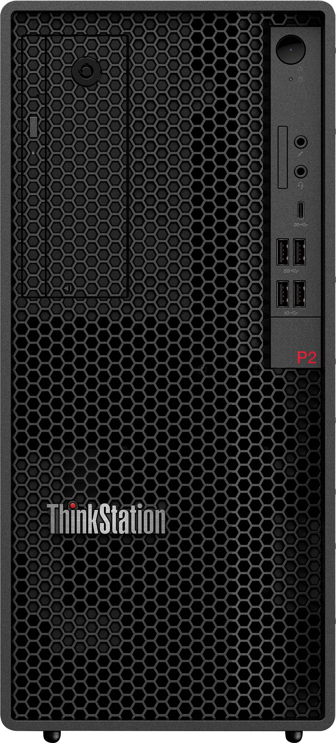 Tower-Computer-Gehäuse mit einer Honeycomb-Frontblende, versehen mit einem 'ThinkStation'-Logo und mehreren USB-Anschlüssen.