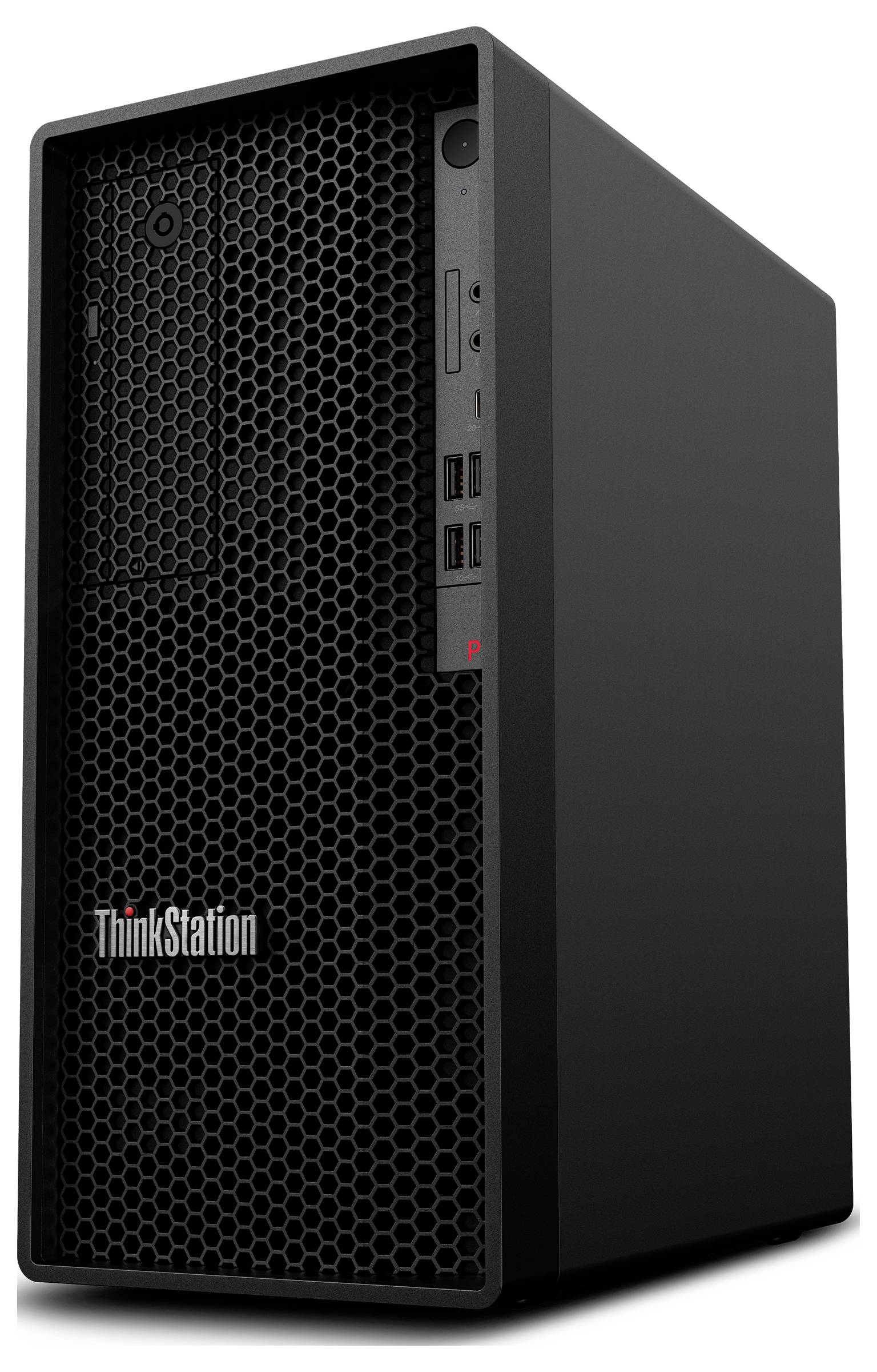 Ein schwarzer Lenovo ThinkStation Desktop-Computerturm mit einer sechseckigen Frontblende, USB-Anschlüssen und einem Einschaltknopf auf der rechten Seite.