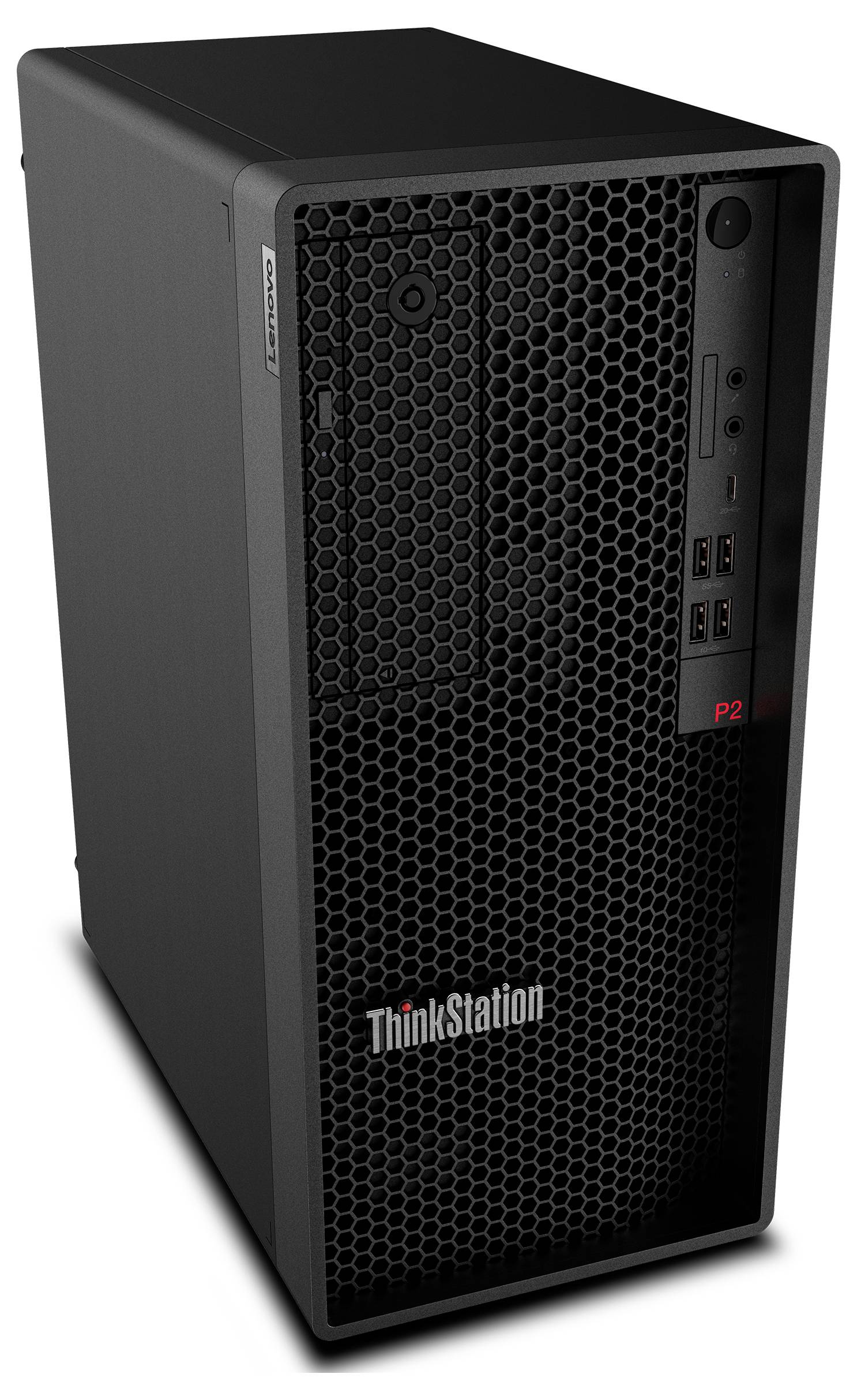 ThinkStation P2 Desktop-Tower in Schwarz mit einer Wabenfrontplatte, die USB-Anschlüsse, Einschaltknopf und Belüftung zeigt.