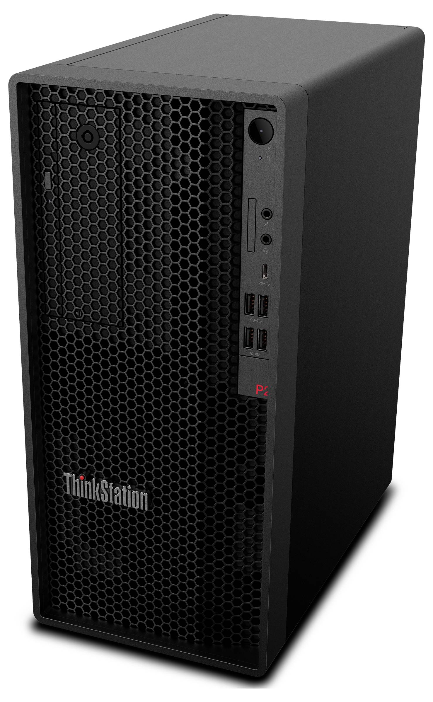 Ein schwarzer Lenovo ThinkStation Desktop-Tower mit belüfteter Frontblende, USB-Anschlüssen, Einschaltknopf und DVD-Laufwerk, markiert mit 'ThinkStation'.
