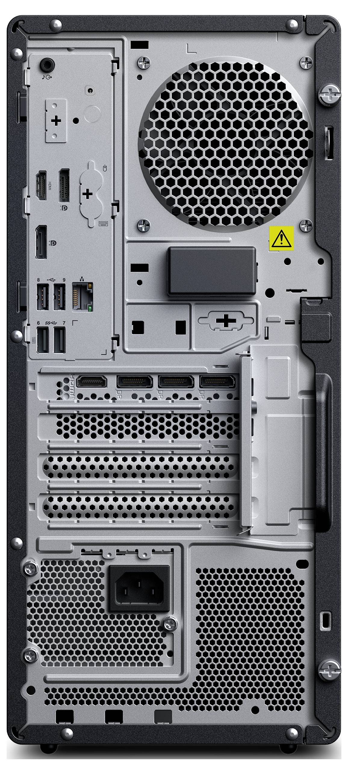 Das Bild zeigt die Rückseite eines Computertowers mit mehreren USB-Anschlüssen, einem Stromanschluss, Kühlventilationsöffnungen und Erweiterungssteckplätzen.