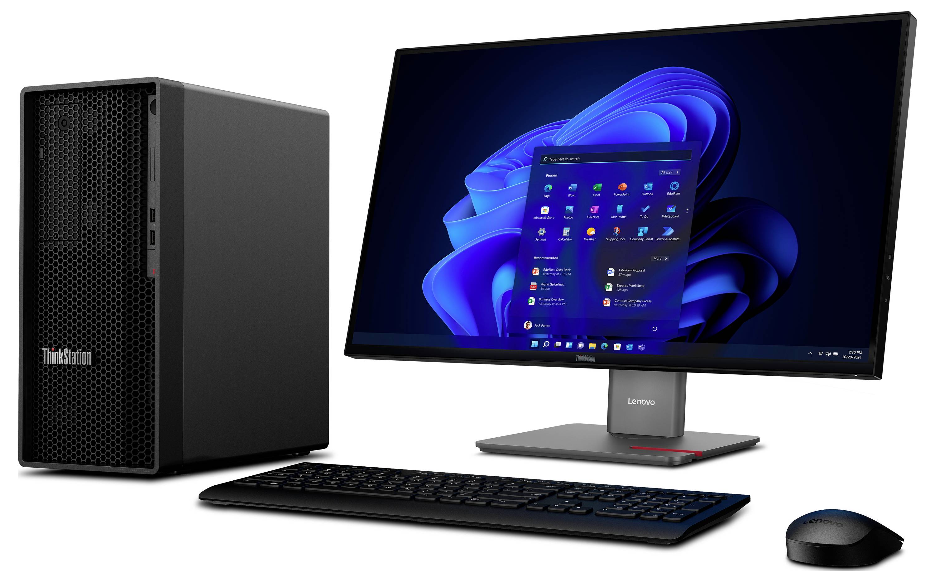 Eine Desktop-Computer-Konfiguration mit einem schwarzen Tower, einem Breitbildmonitor, der eine blaue digitale Benutzeroberfläche anzeigt, einer Tastatur und einer Maus.