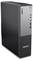 Lenovo ThinkCentre Desktop-Computer, aufrecht stehend, mit silberner Frontplatte, die einen Einschaltknopf, USB-Anschlüsse und das Logo aufweist.