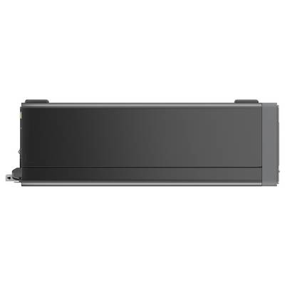 Ein schwarzes rechteckiges Gerät, möglicherweise ein Drucker oder elektronisches Gerät, mit einer glatten Oberfläche und zwei buckelartigen Merkmalen an den oberen Kanten.