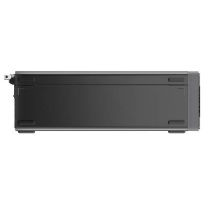 Ein schwarzes, rechteckiges elektronisches Gerät mit flachen Seiten und abgerundeten Ecken, möglicherweise ein geschlossener Drucker oder Scanner, von der Seite betrachtet.